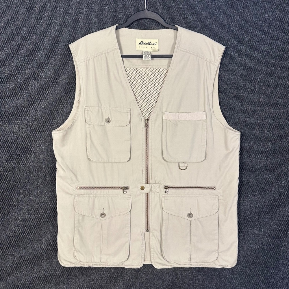 Vintage Eddie Bauer Utility Fishing Vest Mens L Beige Mesh Lined Safari Photo